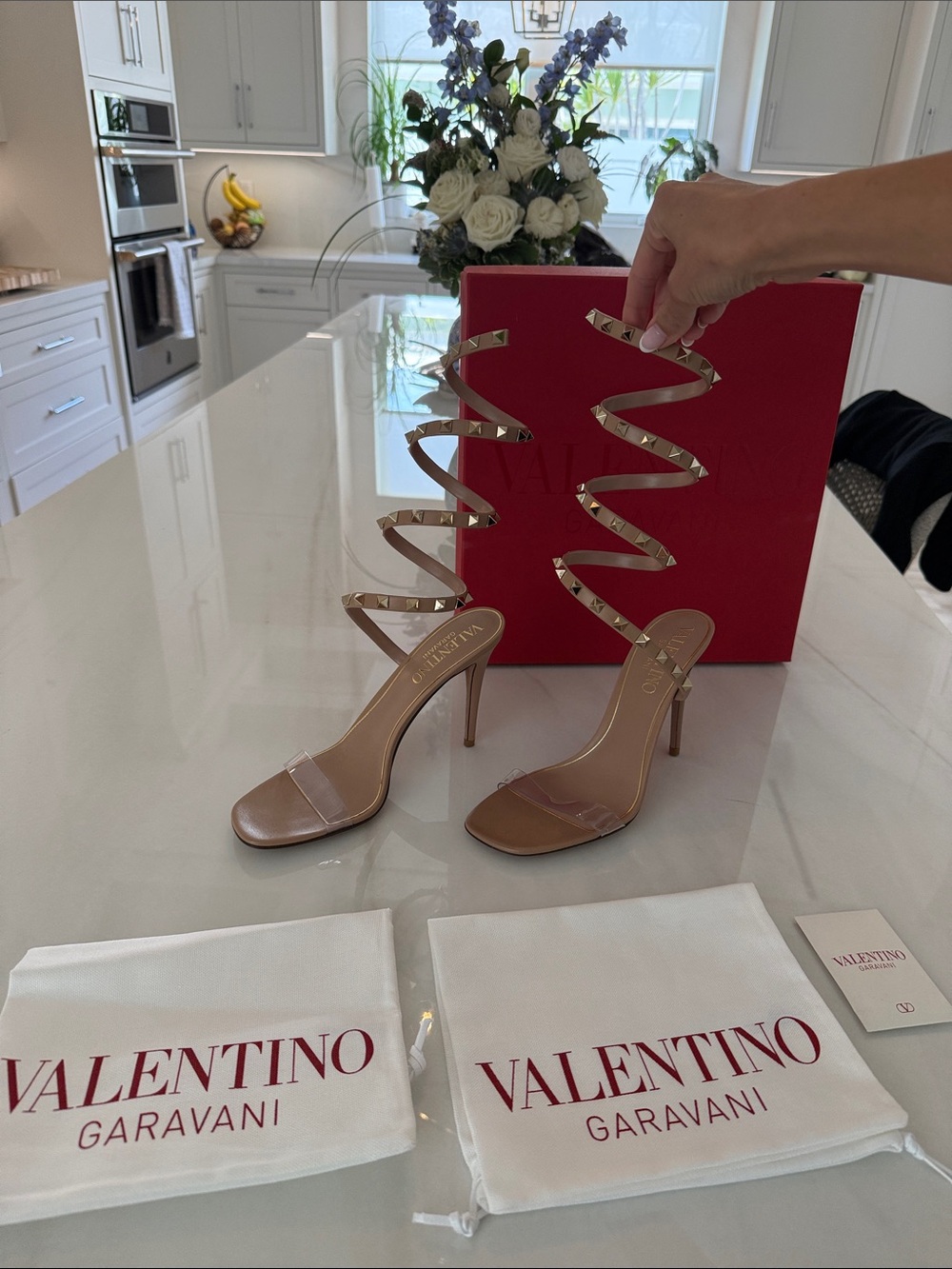 Brand new Valentino Garavani Nude Spiral Stud Ankle-Strap Stiletto Sandals